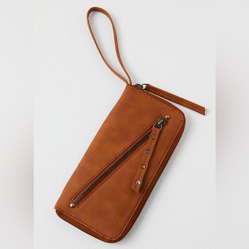 Free People NEW Distressed Vegan Wallet Clutch Handle in Boho Camel Brown NWT